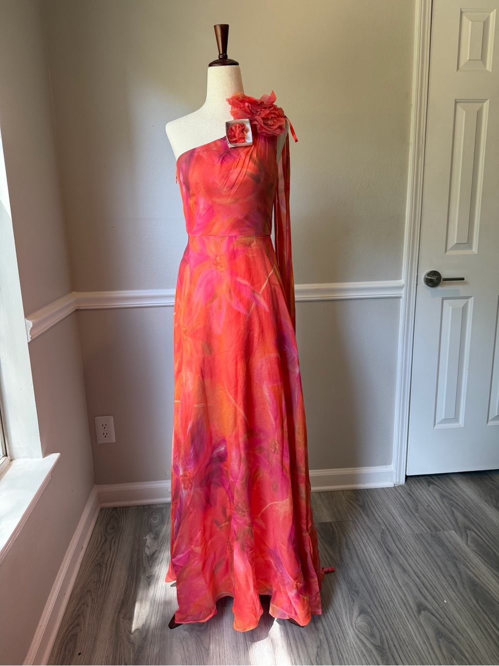 Muse One-Shoulder Floral Evening Gown in Coral-Pink Watercolor